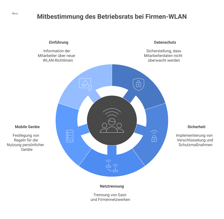 Ein Hub-and-Spoke-Diagramm, das die Mitbestimmung des Betriebsrats beim Firmen-WLAN mit den Speichen Datenschutz, Sicherheit und Netztrennung zeigt. 